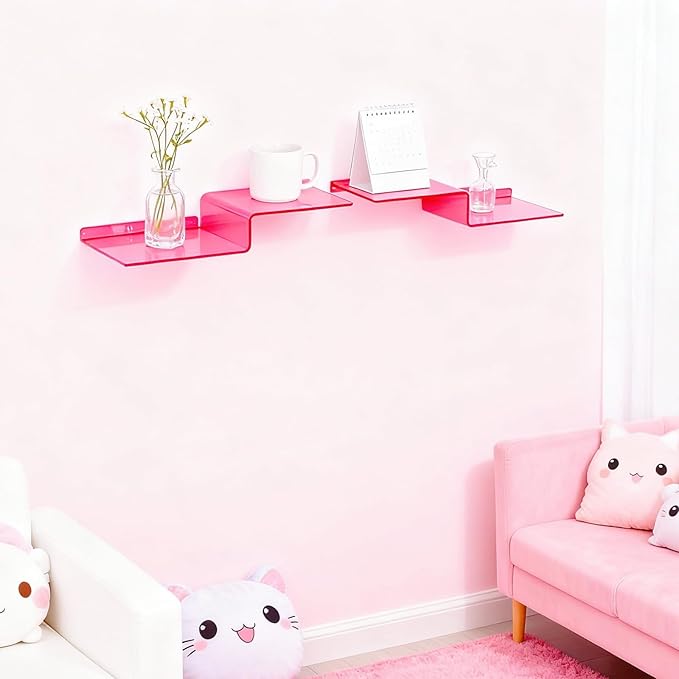 SetGame 2-Pack Acrylic Shelves Z-Shaped Display Stand Wall Mounted, 12 Inch Wall Storage Organizer for Toys, Books, Plants, Photos Album, Suit for Office, Living Room, Room Decor (Neon Pink)