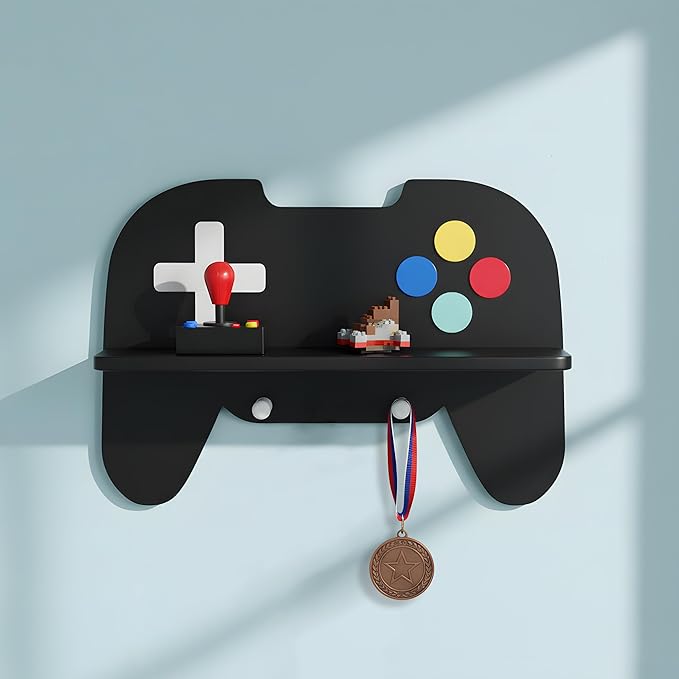 Game Room Decor Gaming Floating Shelf for Wall - Retro Controller Shaped Wooden Display Rack with Hooks for Controllers and Headphones, Black, Gaming Room Organizer for Boys and Teens