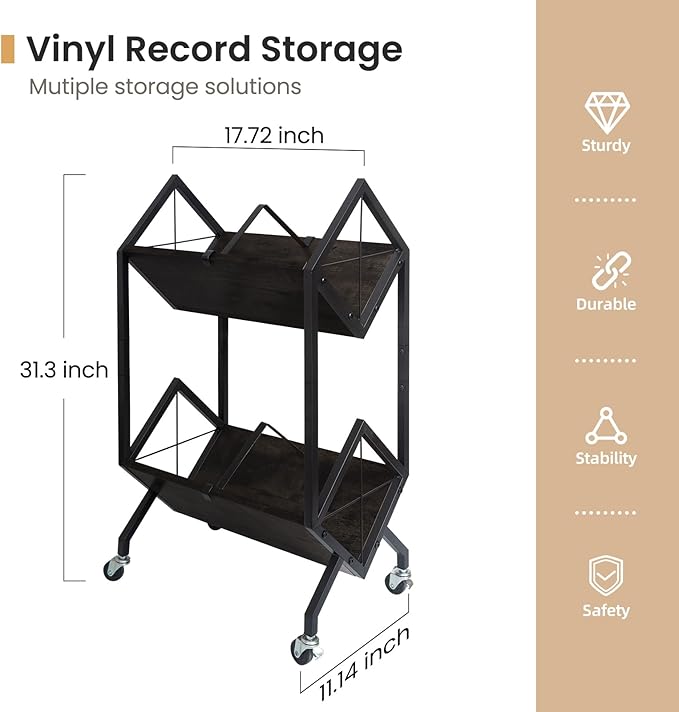 SwaaVee Vinyl Record Storage Holder with Wheels, 2-Tier Record Holder 160-200 LP with Dividers, Retro Style Quick Assembly Vinyl Record Display for Albums, Magazine, Book, Files (2 Tier- Black)