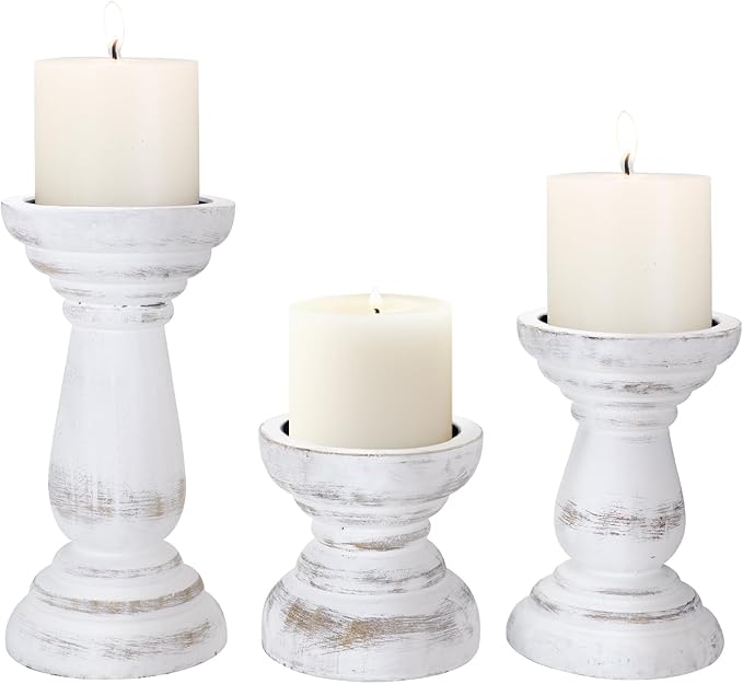 Candle Holder for Pillar Candle Set of 3, Farmhouse Wood Candle Holder, Rustic Wooden Candle Stand, Decorative Wood Candlestick Holders for Living Room, Table Centerpiece (RusticWhite)