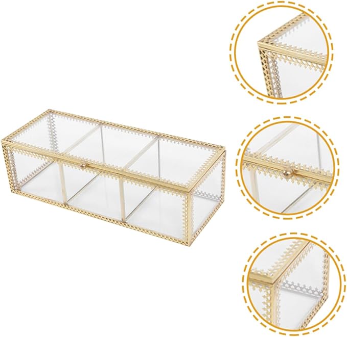 FRCOLOR Jewelry Organizer Box with Glass Lid and Gold Metal Frame Compartment Makeup Organizer Case for Rings Earrings Necklaces Dustproof Decorative Storage for Vanity Desk and Bathroom