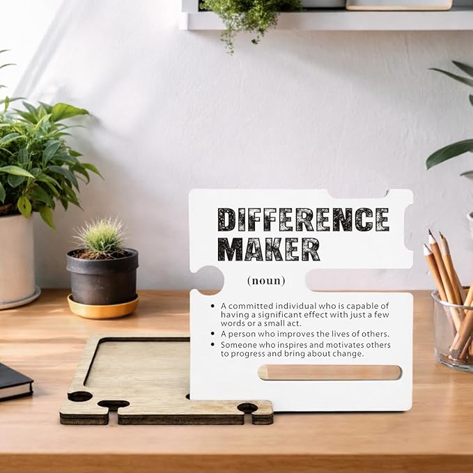 Difference Maker Appreciation Gifts for Teacher Coach Mentor Boss Leader Coworkers Employee Staff - Multi-functional Desk Organizer - Motivational Office Quote Wooden Sign for Office Desk Shelf Decor