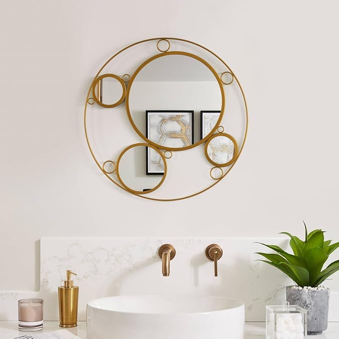 Decorative 19.75-inch Round Frame Mirror - Gold Metal Wall Mounted Mirror with 4 Glass Mirror Balls for a Modern Twist Elevate Your Living Room Bedroom Vanity Entryway or Hallway D