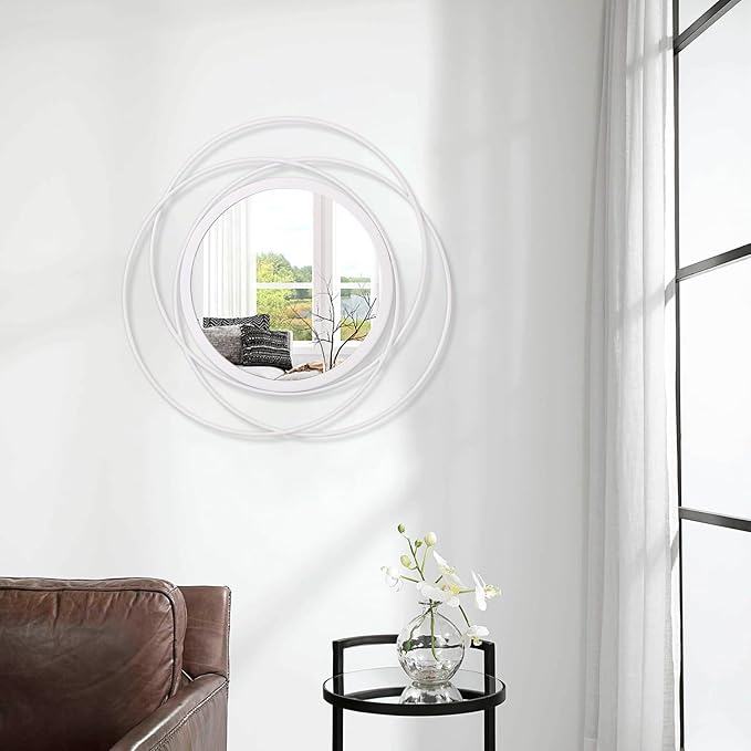 White Round Wall-Mounted Mirrors Wire Modern Metal Frame Arts Mirrors Home Decoration Hallway Bathroom Bedroom Living Room Farmhouse Entryway Large 20"