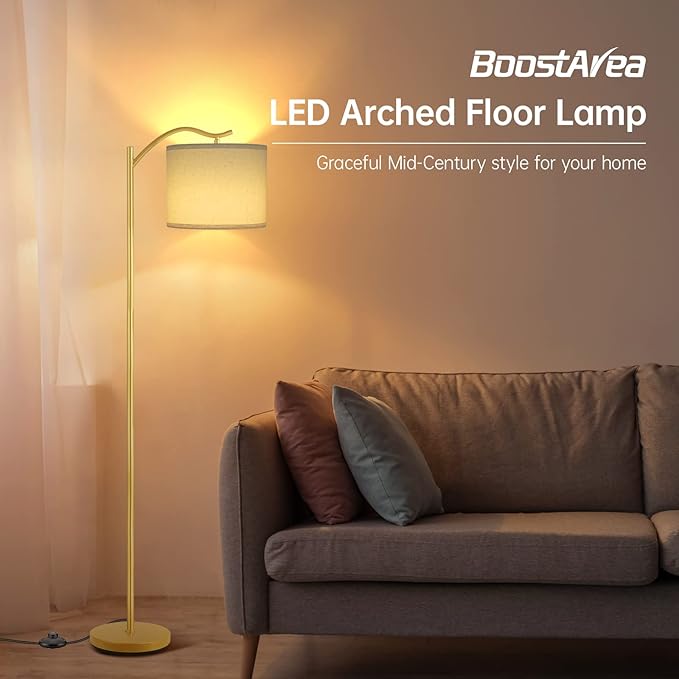 BoostArea Floor Lamp for Living Room,LED Arched Standing Lamp,Tall Modern Standing Lamp with Linen Shade,E26 Socket,Footswitch,Mid Century Gold Floor Lamps for Bedrooms,Office,Double-Layer lampshade