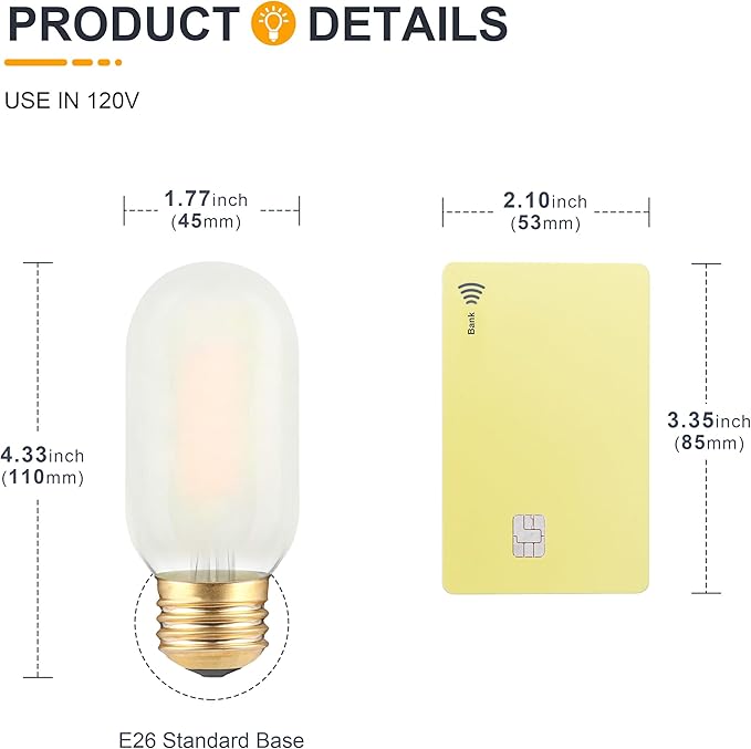 Frosted T45 LED Bulb- Vintage E26 Base Edison Light Bulbs 40 Watt Equivalent- Dimmable Decorative Antique T14 Filament Tubular Bulbs- 4W 2700K Soft Warm White- 3 Count