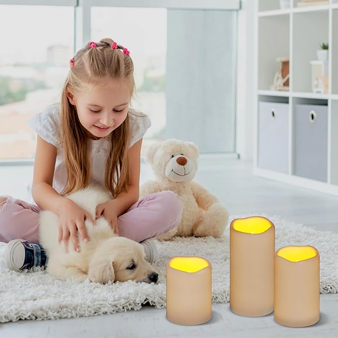 Flameless Candles 4" 5" 6" Set of 3 Ivory Outdoor Indoor Pillars 3" Diameter Battery Operated Flickering Candles Include 10-Key Remote Timer Function 400+ Hours Requires 2 AA Batteries（3 Pack)