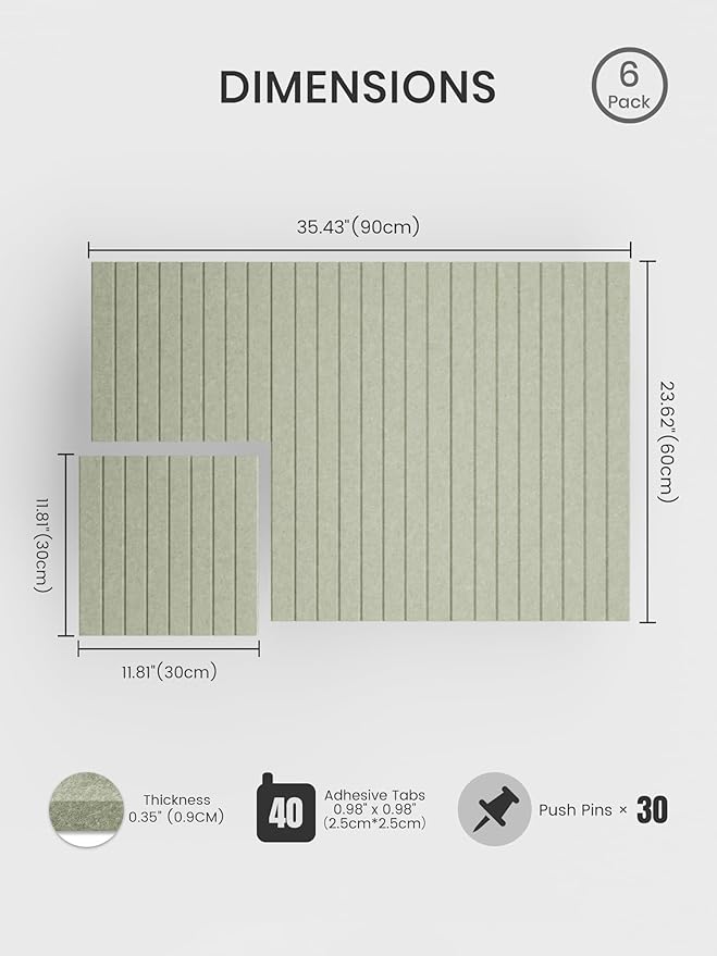 Bumusty Large Cork Board Alternative-36 x 24" Felt Bulletin Board Tiles, with 30 Pushpins, 40 Adhesive Tabs, Fine-Stripe 6-Pack, Cork Boards for Office Push Pin Board Felt Board-Sage