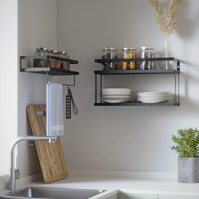 RICHER HOUSE 2+1 Tier Wall Mounted Floating Shelves Set of 2, Rustic Wood Wall Shelf with Metal Frame, Extra Storage Rack for Bathroom, Kitchen, Bedroom with Tissue Rack & Towel Bar - Black