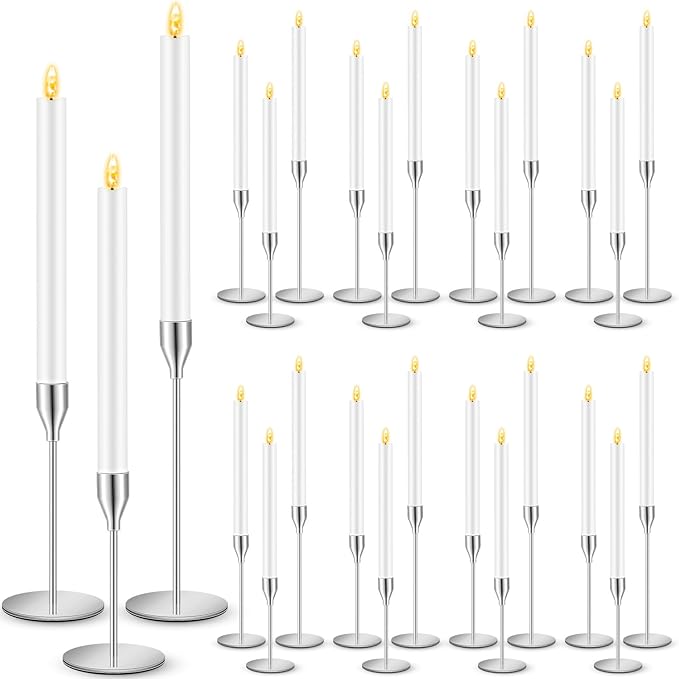 FillTouch 30 Pcs Silver Candlestick Holders with Flameless LED Candles Bulk Includes 15 Metal Candle Holders and 15 Battery Operated Taper Candles for Wedding Valentines Table Centerpieces Home Decor