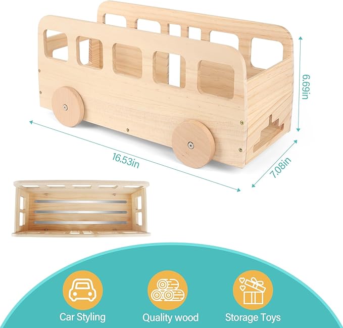 Bus for Tonies Box 1/2 Organizer Shelf Storage, Wooden Bus Storage Holder for Toniebox Player Tonies Figures Characters, Display Collection 20~30 Characters, Funny Little Car