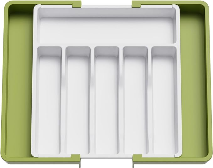 Lifewit Silverware Drawer Organizer, Expandable Utensil Tray for Kitchen, BPA Free Flatware and Cutlery Holder, Adjustable Plastic Storage for Spoons Forks Knives, 13-22 x 15", Green&White