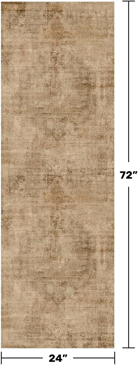 Farmhouse Kitchen Runners Rug 2x6, Washable Medallion Rug for Bathroom, Hallway, Entryway Indoor, Abstract Vintage Indoor Décor, Non Slip Rubber Backing, Stain Resistant Carpet (Gold Brown)