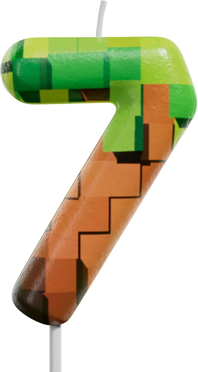 Pixel Miner Number Candle for Birthday Cake - 2.7 Inch Video Game Themed Party Decoration, Dynamite Style Cake Topper for Boys Girls Kids Anniversary Supplies(Retro Art, 7)