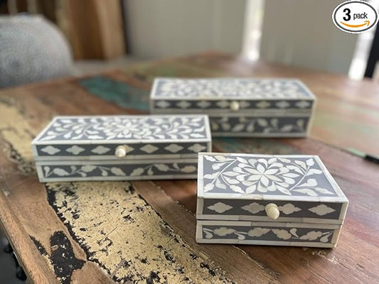 Handcrafted gray & white bone inlay décor jewelry box makeup organizer set of 3 organizer makeup organizer storage wood box