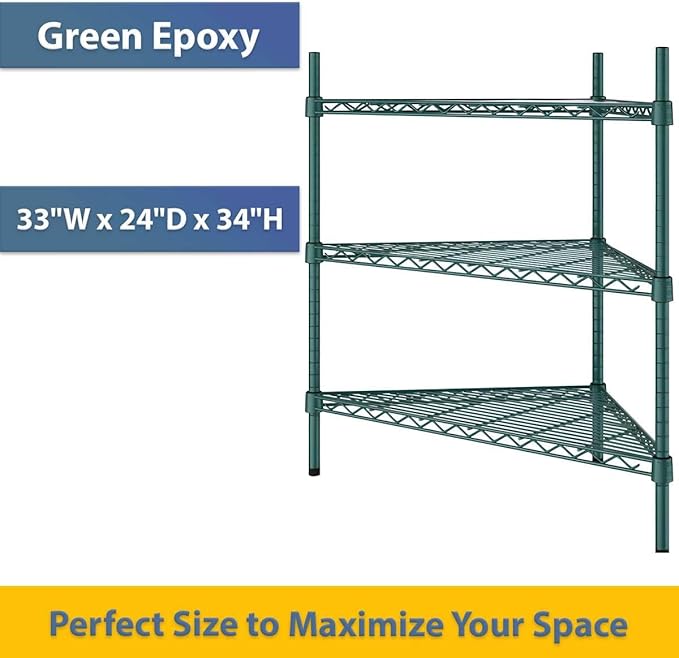 33" W x 24" D x 34" H NSF Green Triangle Heavy Duty Corner Shelving Kit, 3-Shelf Adjustable Wire Rack