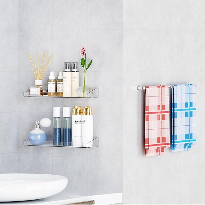 Acrylic Shelves for Bathroom Wall - No Drilling Shelf, Adhesive Wall Mounted Storage Organizer - Invisible Floating Shelves for Action Figures, Collectibles, Makeup, Perfume, Books, Room Decor (2PCS)