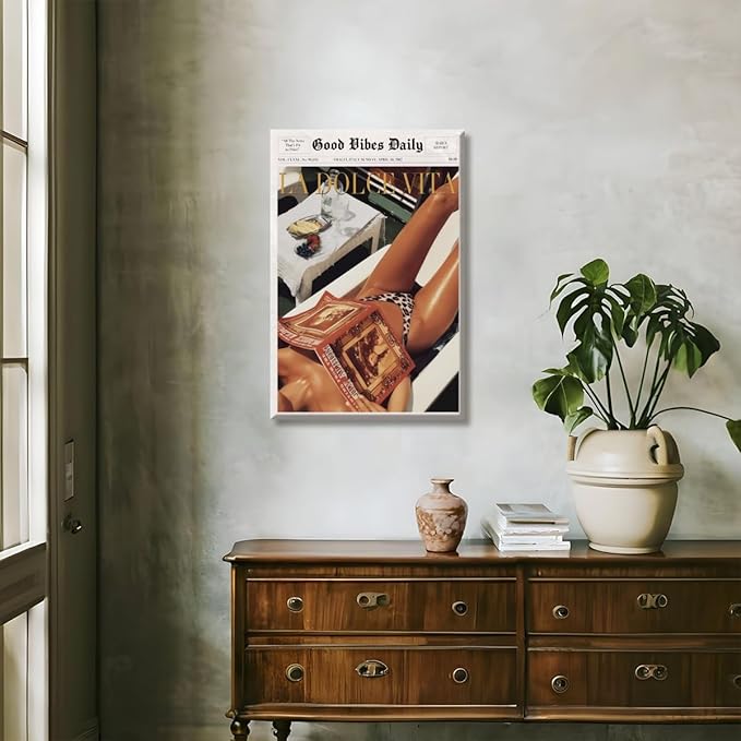 Trendy Newspaper Posters Vintage Good Vibes Daily Wall Art 60s La Dolce Vita Poster Beach Vibe Funky Aesthetic Retro Trippy Art Canvas Prints for Cool Girl Room Home Dorm Decor 24x36inch Framed