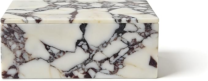 Luxury Marble Storage Box with Lid, White and Purple Veined Pattern, Decorative Organizer for Makeup Brushes, Jewelry, Bathroom Accessories (Rectangle)