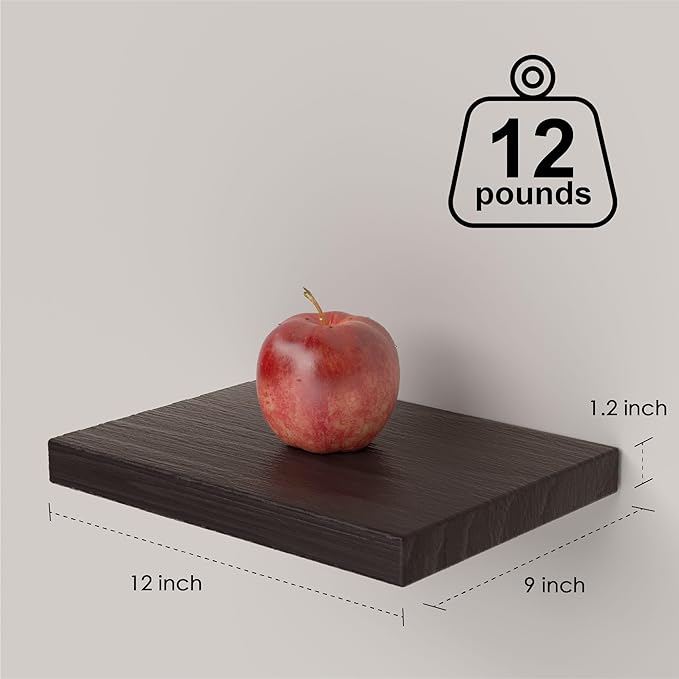 PopiShelves Small Floating Shelves for Wall - 12 x 9 Inch Rustic Brown Shelves for Bedroom, Living Room, Bathroom, Kitchen, Office Decor Set of 3