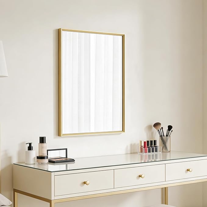 Bathroom Mirror for Wall, 16x24 Inch Metal Framed Mirror, Brushed Gold Rectangle Mirror, Bathroom Vanity Mirror Farmhouse, Tempered Glass, Anti-Rust, Hangs Horizontally or Vertically
