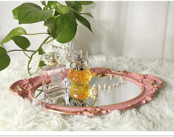 Oval Decorative Mirror Tray, French Style, Makeup Organizer, Jewelry Organizer, Serving Tray, 9.8"x 14.6", Golden Pink