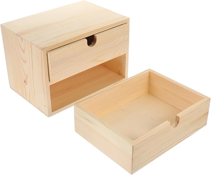 Happyyami Jewelry Drawer Storage Box 2-Tier Wooden Desktop Organizer Vintage Natural Wood for Office and Home Use Versatile Storage for Cosmetics and Stationery