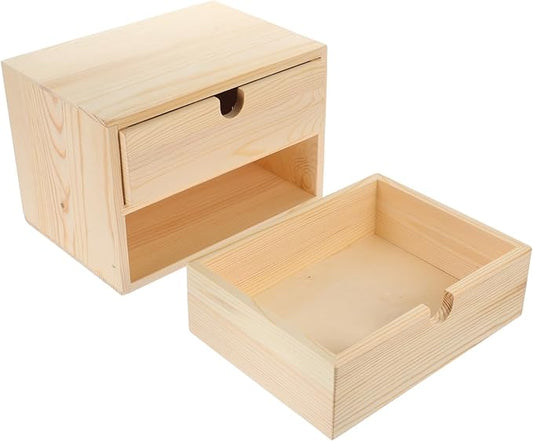 Happyyami Jewelry Drawer Storage Box 2-Tier Wooden Desktop Organizer Vintage Natural Wood for Office and Home Use Versatile Storage for Cosmetics and Stationery