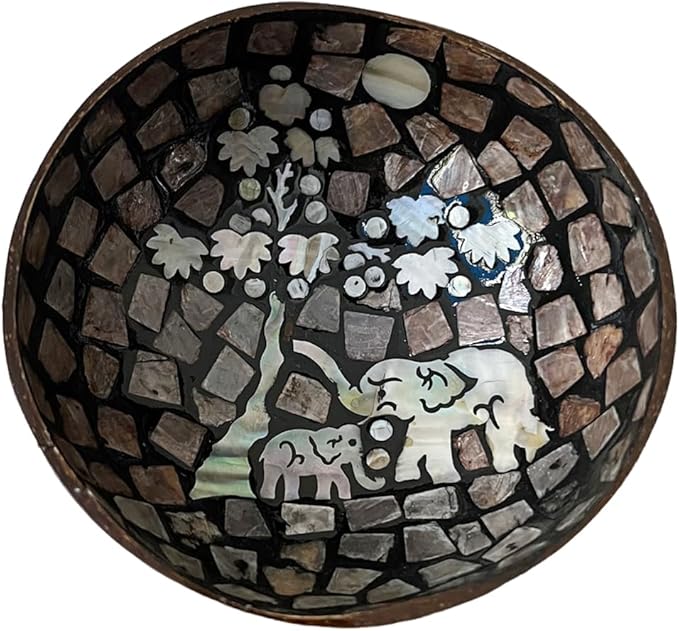 Decorative Storage Bowl with Mother of Pearl Inlays - Distinctive Coconut Shell Container for Entryway, Vanity, and Office Use (Elephant)