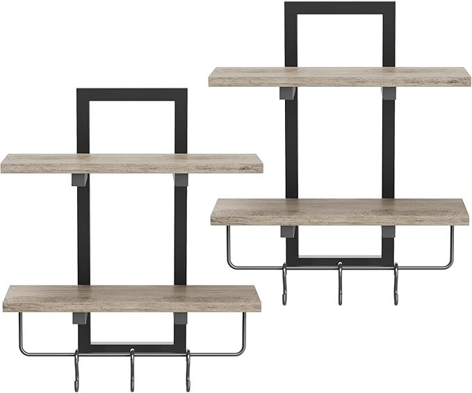 Creso hom Floating Shelves, 15" Wall Shelf Set of 2, Hanging Bathroom Shelves 2-Tier, Wall Mounted Storage Shelves, for Living Room Bedroom Bathroom Kitchen Office Coffee Bar, Greige