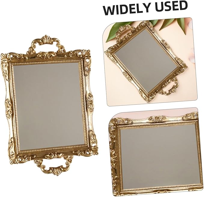 BESPORTBLE Vintage Carved Mirror Tray Nordic Style Retro Gold Resin Decorative Storage Plate for Makeup Perfume Vanity Table Organizer
