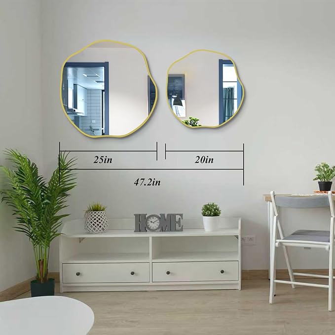 POZINO Gold Irregular Mirror, 20" Asymmetrical Wall Mirror, Scalloped Rounded Mirrors, Modern Frameless Abstract Mirrors for Living Room Bedroom Bathroom Entryway Hallway Fireplace