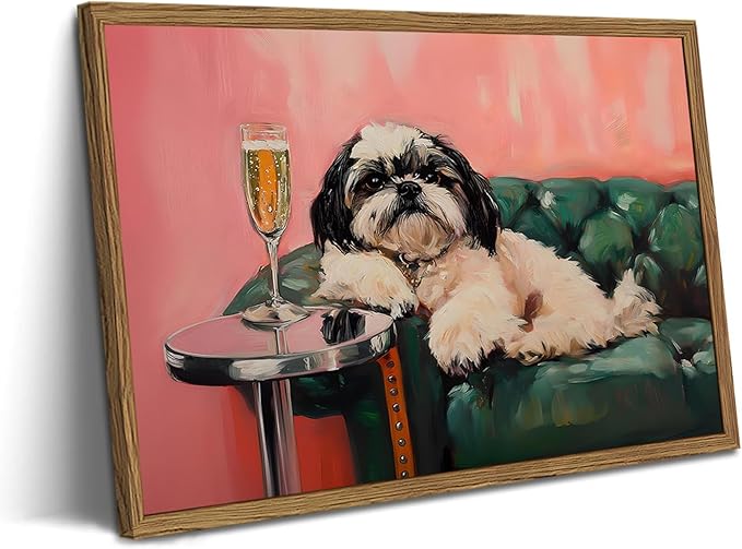 Funny Dog Wall Art, Cute Animal On Couch Bar Cart Pictures Wall Decor Paintings, Eclectic Dog with Cocktail Canvas Prints, for Living Room Dining Room Bedroom 16x24 inch Wood Framed