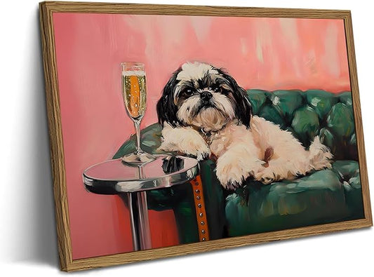 Funny Dog Wall Art, Cute Animal On Couch Bar Cart Pictures Wall Decor Paintings, Eclectic Dog with Cocktail Canvas Prints, for Living Room Dining Room Bedroom 16x24 inch Wood Framed