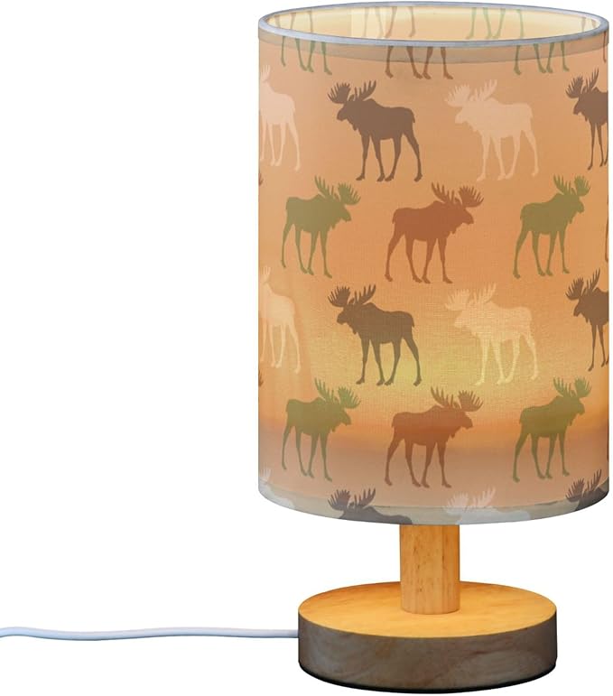 Table Lamp Elk Moose Deer Pattern Nightstand Lamp with Wood Base Fabric Lamp Shade Bedside Desk Lamp for Living Room Bedroom Kids Room Office