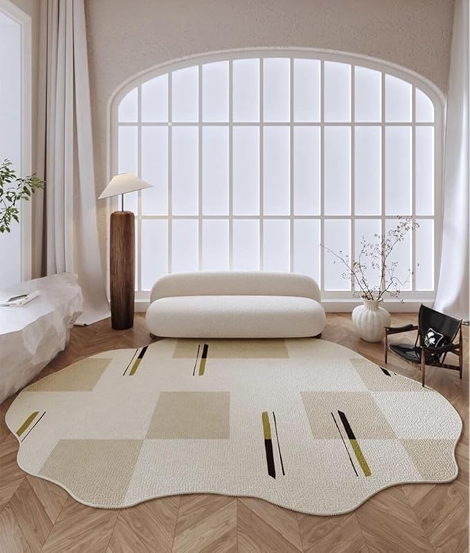 Modern Irregular Shaped Area Rug Cream Beige Abstract Shaped Rug for Living Room Bedroom Diningroom Non Slip Washable Unique Designer Rug Minimalist Boho Meetingroom Home Office Foldable Carpet 5x8