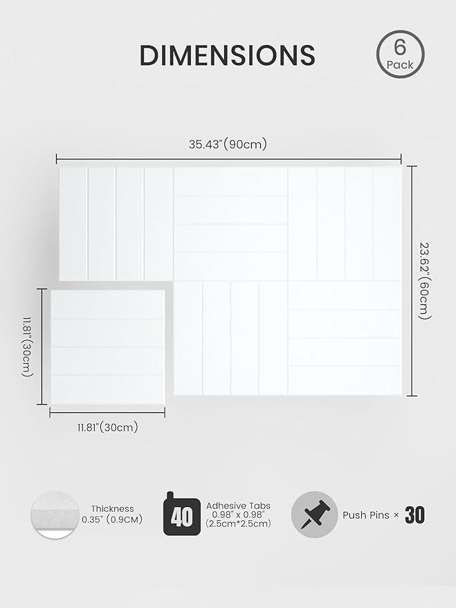 Bumusty Large Cork Board Alternative-36 x 24" Felt Bulletin Board Tiles, with 30 Pushpins, 40 Adhesive Tabs, Bold-Stripe 6-Pack, Cork Boards for Office Push Pin Board Felt Board-Cold White