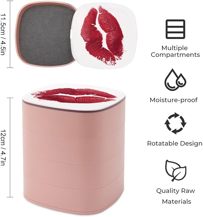 Red Lipstick Kiss Mark Makeup Texture Jewelry Boxes for Women, Earring Holder Organizer Rotating Jewelry Organizer for Necklaces Bracelets Ring