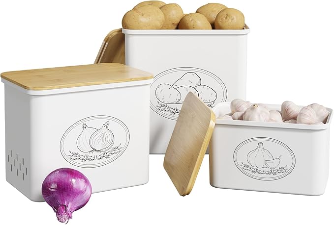 Lifewit Potato and Onion Storage Bin, Stackable Garlic Keeper with Aerating Holes and Lid, Plastic Vegetable Container Box for Pantry Countertop, White, 24 x 18 x 24 cm/9.5 x 7 x 9.5 inch, Set of 3