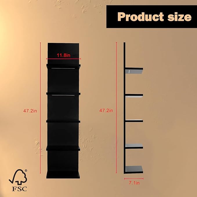 Homaterial 5 Tier Wall Shelf Unit, Black Modern Vertical Lack Wall Shelves with Light, Wall Mount, Floating Column Home Decor Shelves for Bedroom, Living Room, Vanity Storage Display