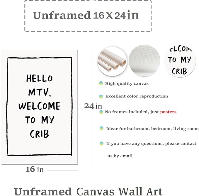 Trendy Wall Art Welcome Posters Eclectic Home Decor Hello MTV, Welcome to My Crib Art Print Funky Eclectic Gallery Wall Art Prints for Bedroom Living Room Aesthetic Wall Art Print 16x24in Unframed