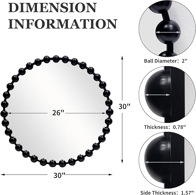 Round Black Mirror 30'', Beaded Mirror for Wall, Spherical Frame Large Circle Mirror for Bathroom, Dining Roon, Bed Room, Entryway