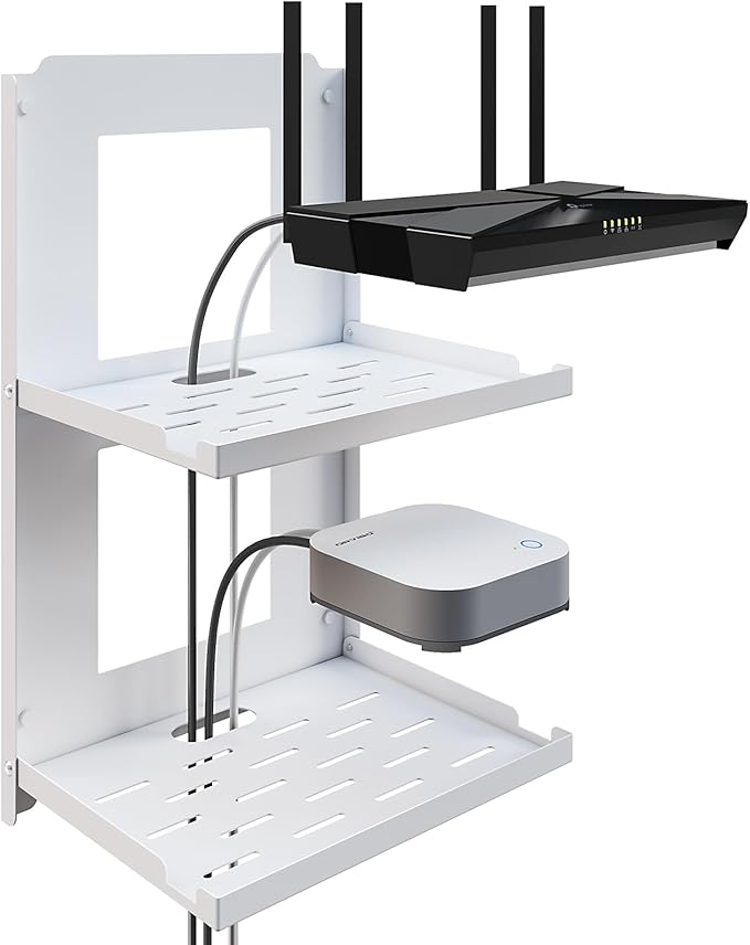 2-Tier Router Shelf Wall Mount Foldable - 10 inch Metal Outlet Shelf w/Cable Holes | Dual-Layer Organize & Connect for Router and Modem & Smart Home Decor | Folds Up & Stackable (Medium)