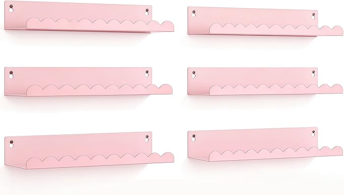 Nursery Book Shelves Set of 6, Pink Metal Floating Shelves for Wall, 16 Inch Scalloped Book Shelf for Kids Room, Bathroom, Bedroom, Playroom Wall Decor & Storage