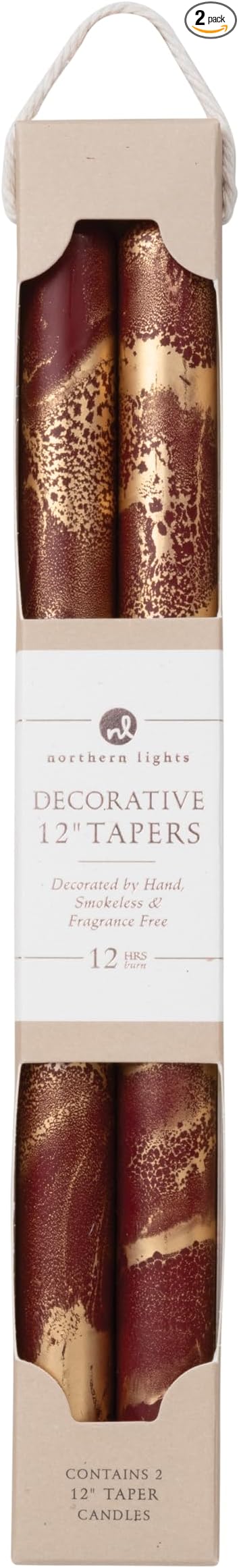 Northern Lights Candles - Premium Decorative Tapers - 12" 2PK - Bordeaux w/Gold - 73302
