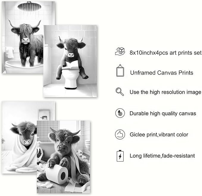 Western Cow Bathroom Decor Wall Art,Funny Highland Cow Wall Art in Restroom,Black and White Wall Decor,Highland Cow Canvas Art Prints,Rustic Retro Bathroom Wall Decor Humor Animals Artwork Prints,8x10inchx4pcs,Unframed