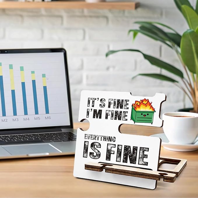 Funny Office Gift - Multi-functional Desk Organizer - Humorous Dumpster and Fire Office Quote Wooden Decor Sign for Women Desk Shelf Table