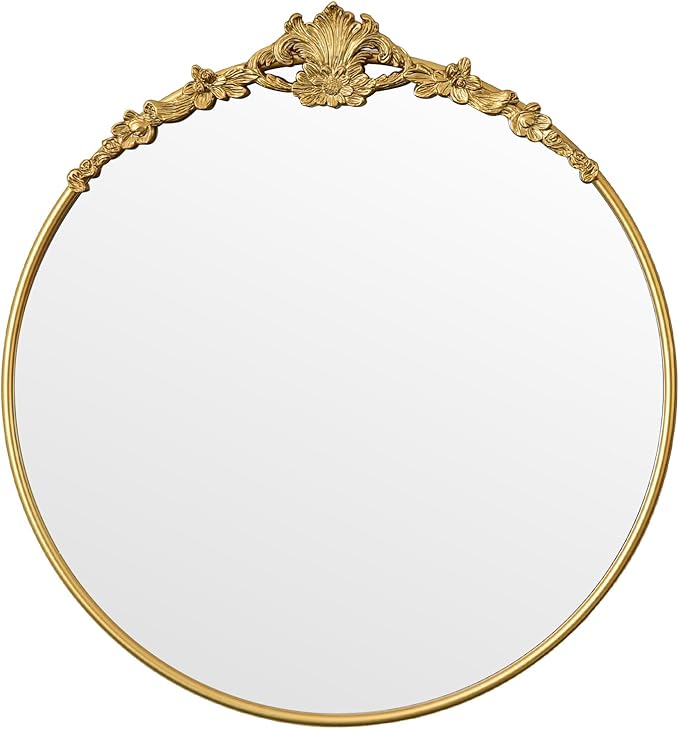 Vintage Baroque Round Wall Mirror 24" Circle Gold Mirror for Bathroom Antique Ornate Carved Frame Accent Mirror for Living Room Bedroom Entryway Vanity