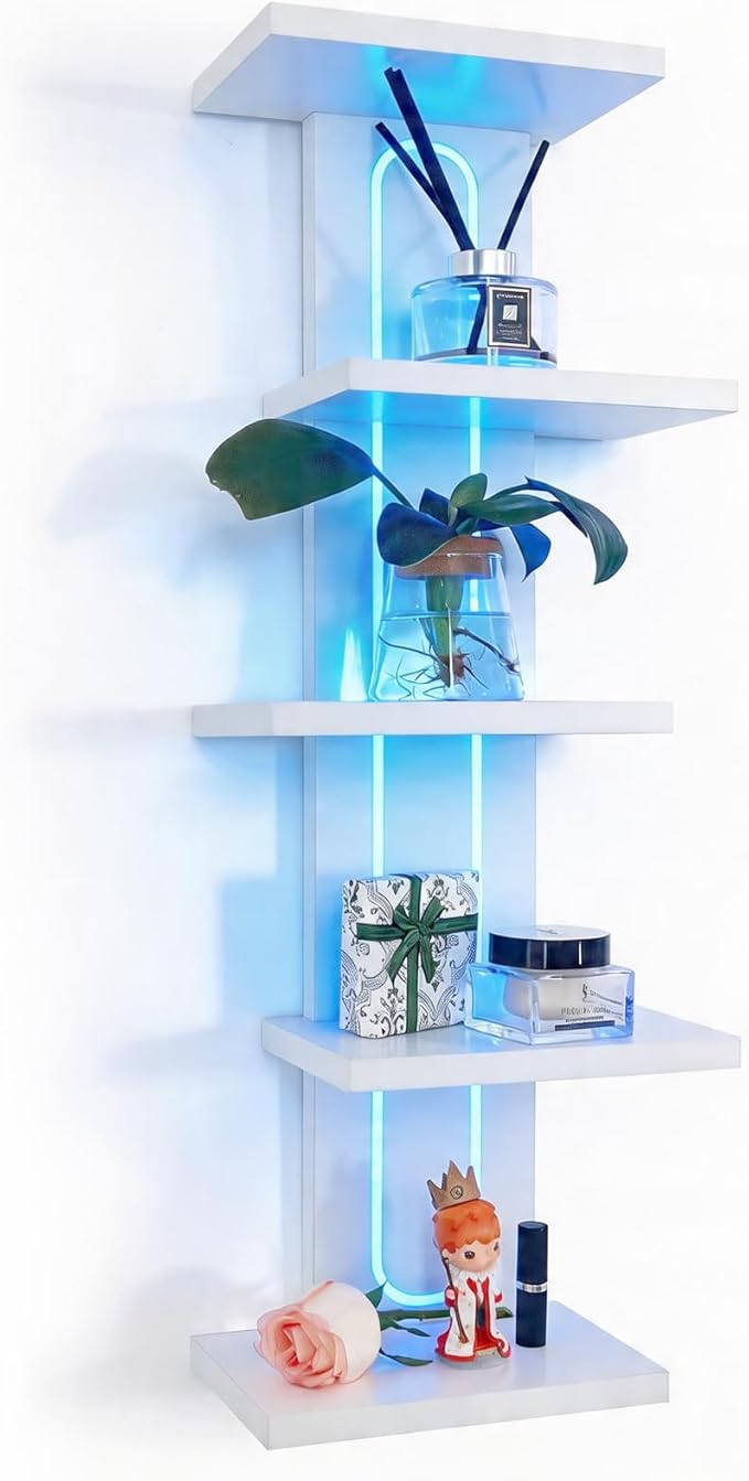 Homaterial 5-Tier Floating Shelves with RGB Remote Control Light, Tall Wall Mounted Bathroom Shelf & Modern Lack Shelf for Home Decor, Space Saving Corner Organizer for Perfume, Plants, Books, White