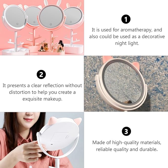 NOLITOY Smart Dimming LED Makeup Mirror with Desktop Storage, Swivel Tabletop Vanity Mirror with Rechargeable Touch Control, Small White Cat Organizer for Makeup Supplies